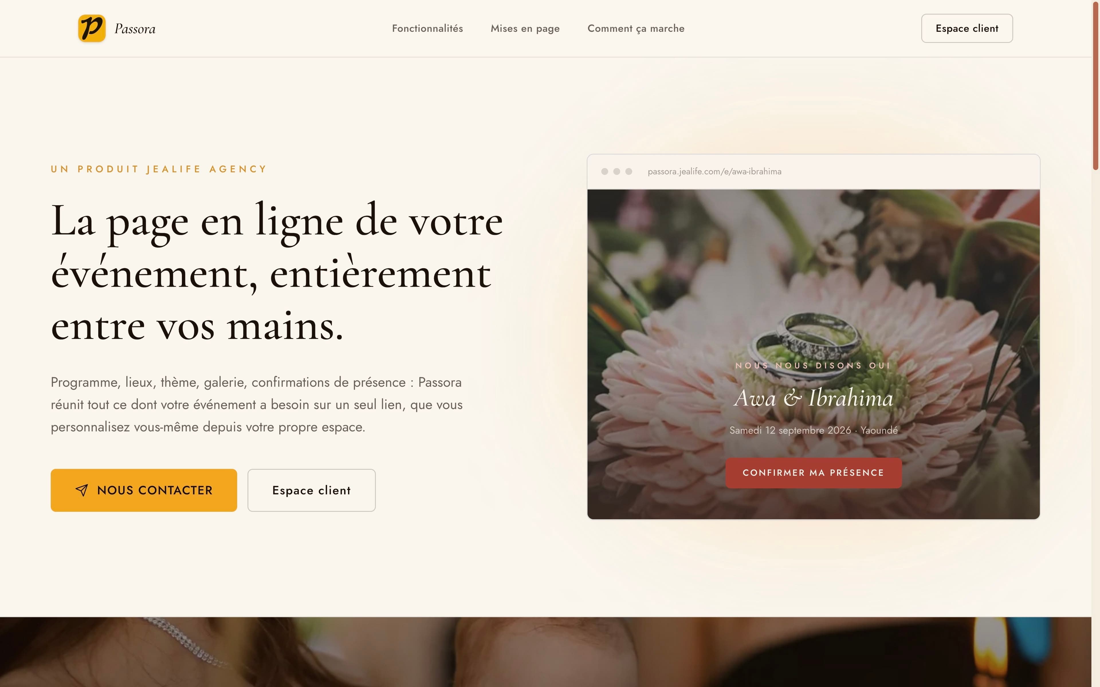 Aperçu d'une page d'événement Passora